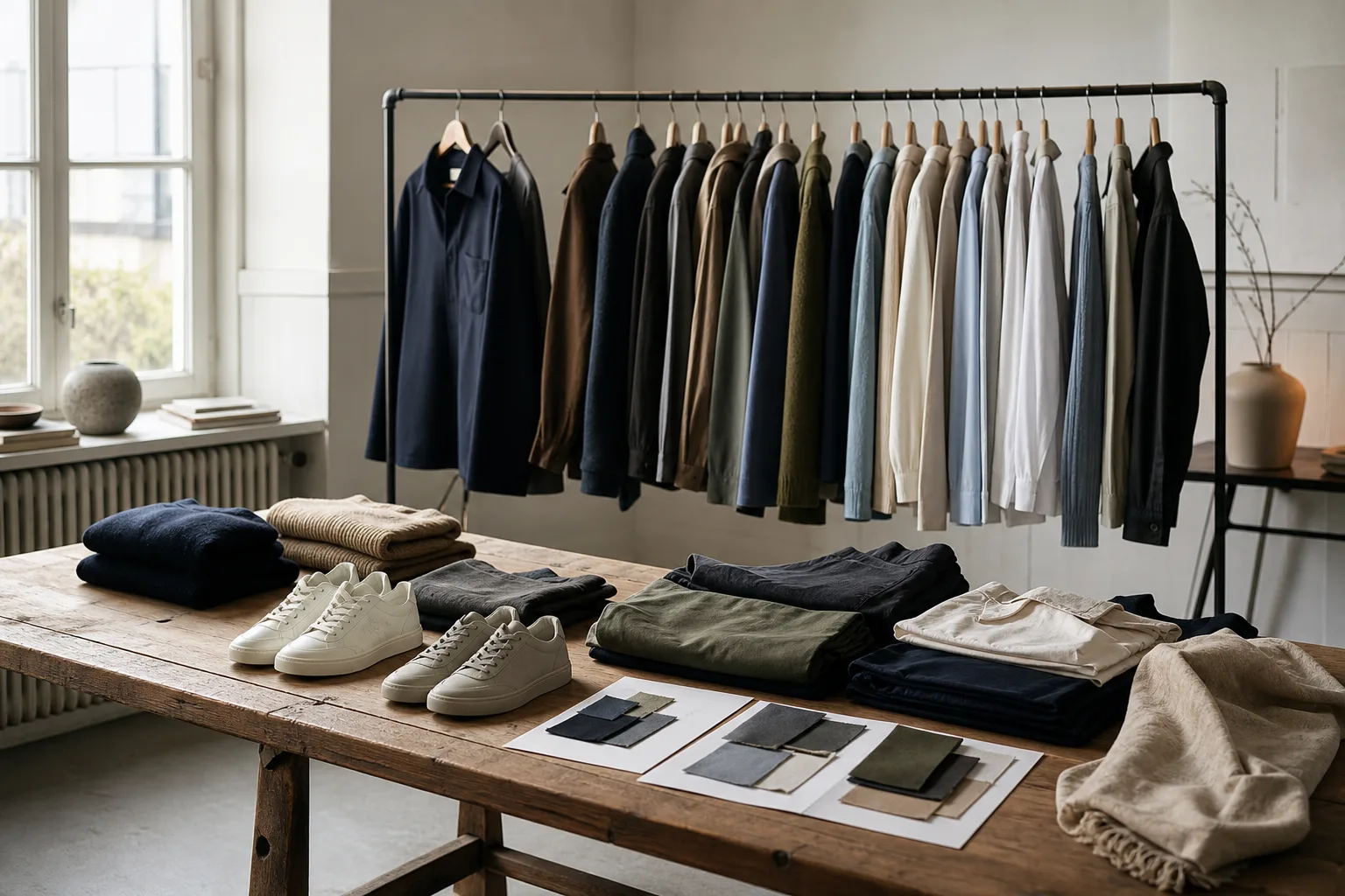 Märkeskläder, sneakers och materialprover samlade för jämförelse