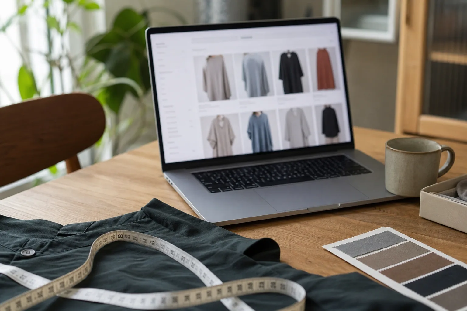 Plagg, måttband och webbutik används inför ett genomtänkt onlineköp