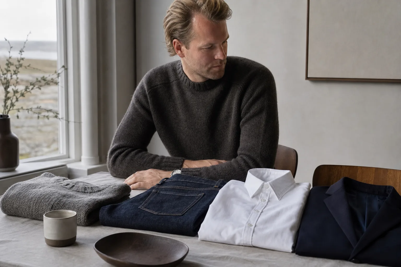 Avskalade plagg i ull, denim och bomull jämförs på ett arbetsbord