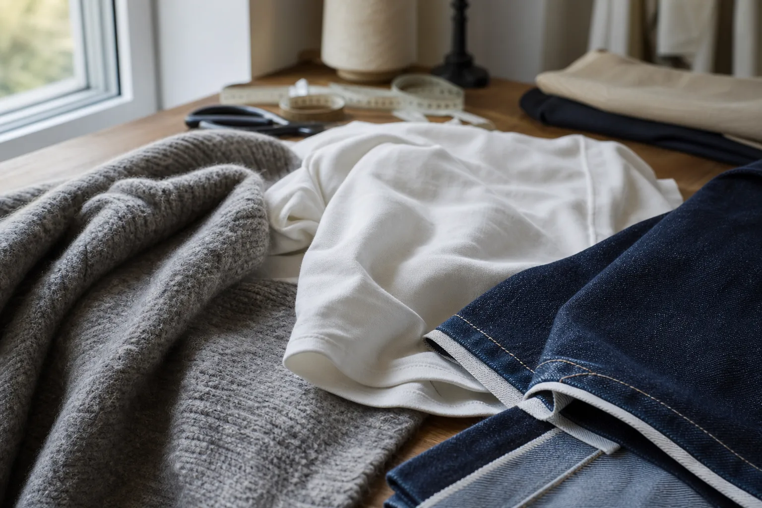 Stickat, bomull och denim med synliga materialstrukturer