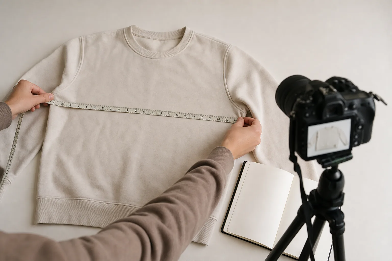 Ett begagnat plagg mäts och fotograferas inför försäljning