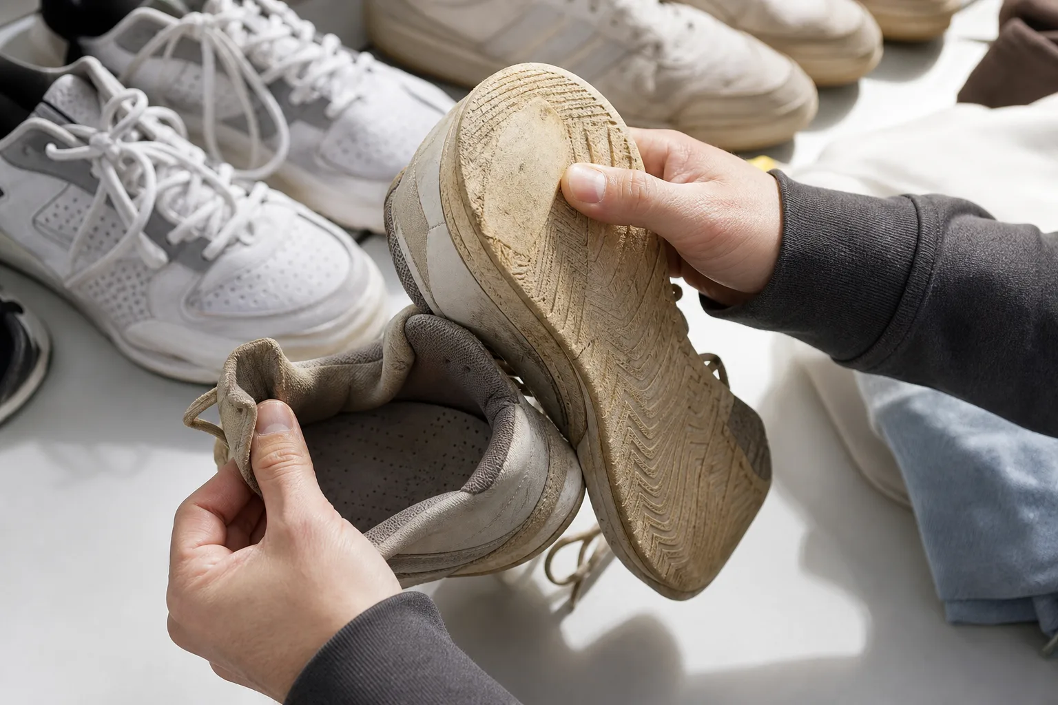 Sulor och hälparti på begagnade sneakers kontrolleras för slitage