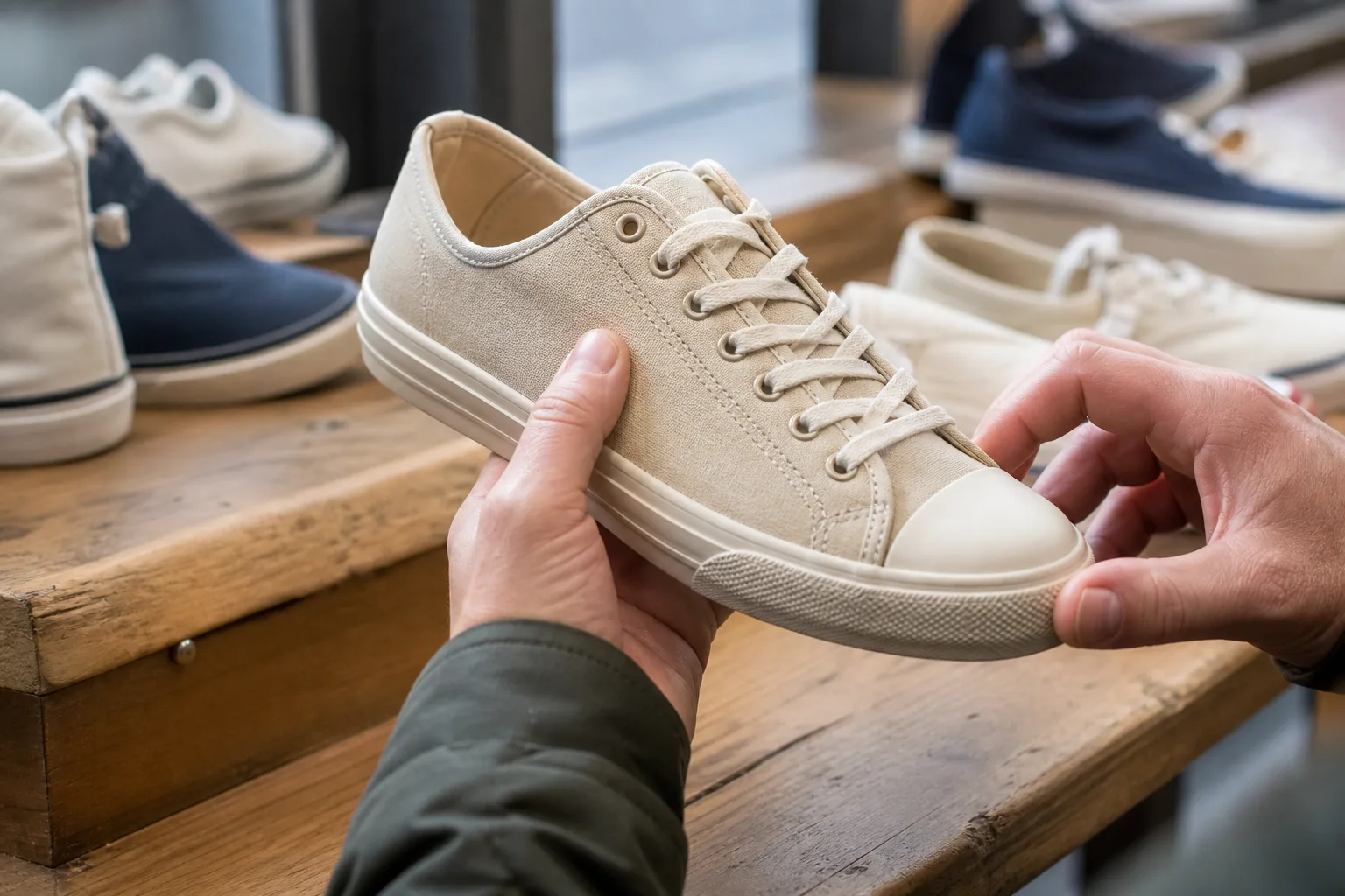 Tygsneaker granskas vid tåparti, sula och snörning före köp
