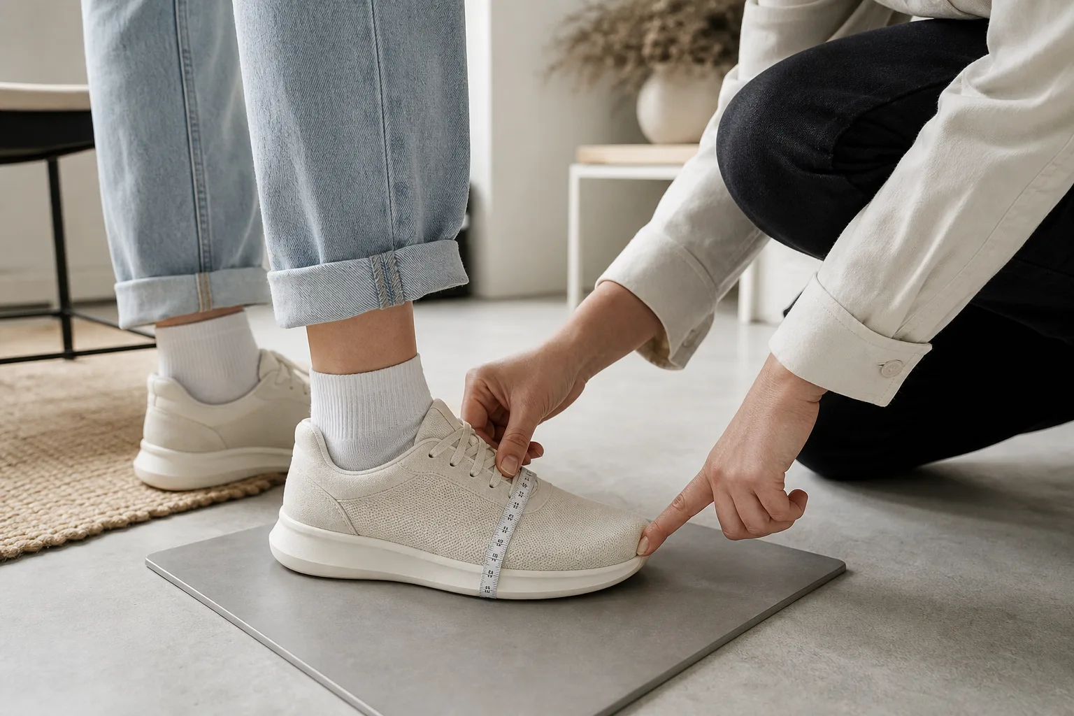 Sneaker provas för att bedöma fotbredd, tåutrymme och hälgrepp