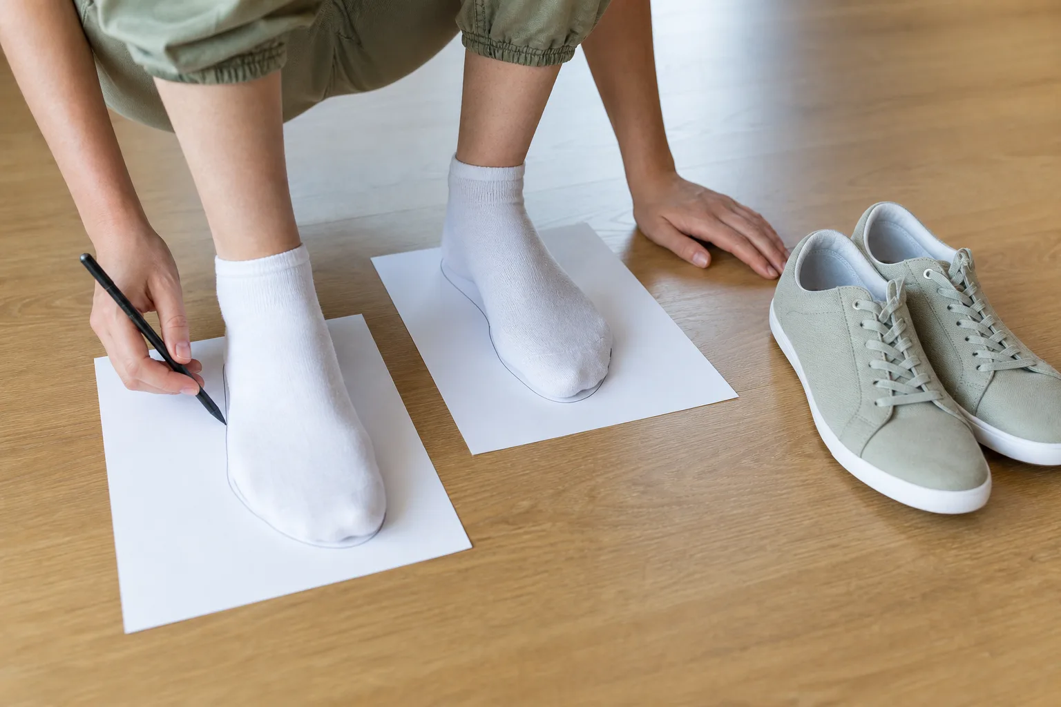 En låg sneaker jämförs med fotmått och avsedd användning