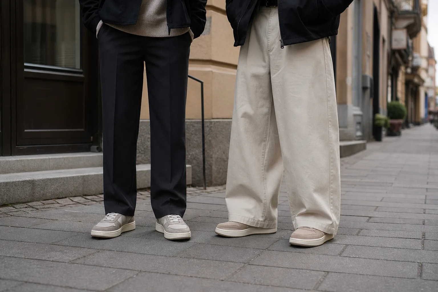 Sneakers kombineras med raka och vida byxor för att jämföra proportioner