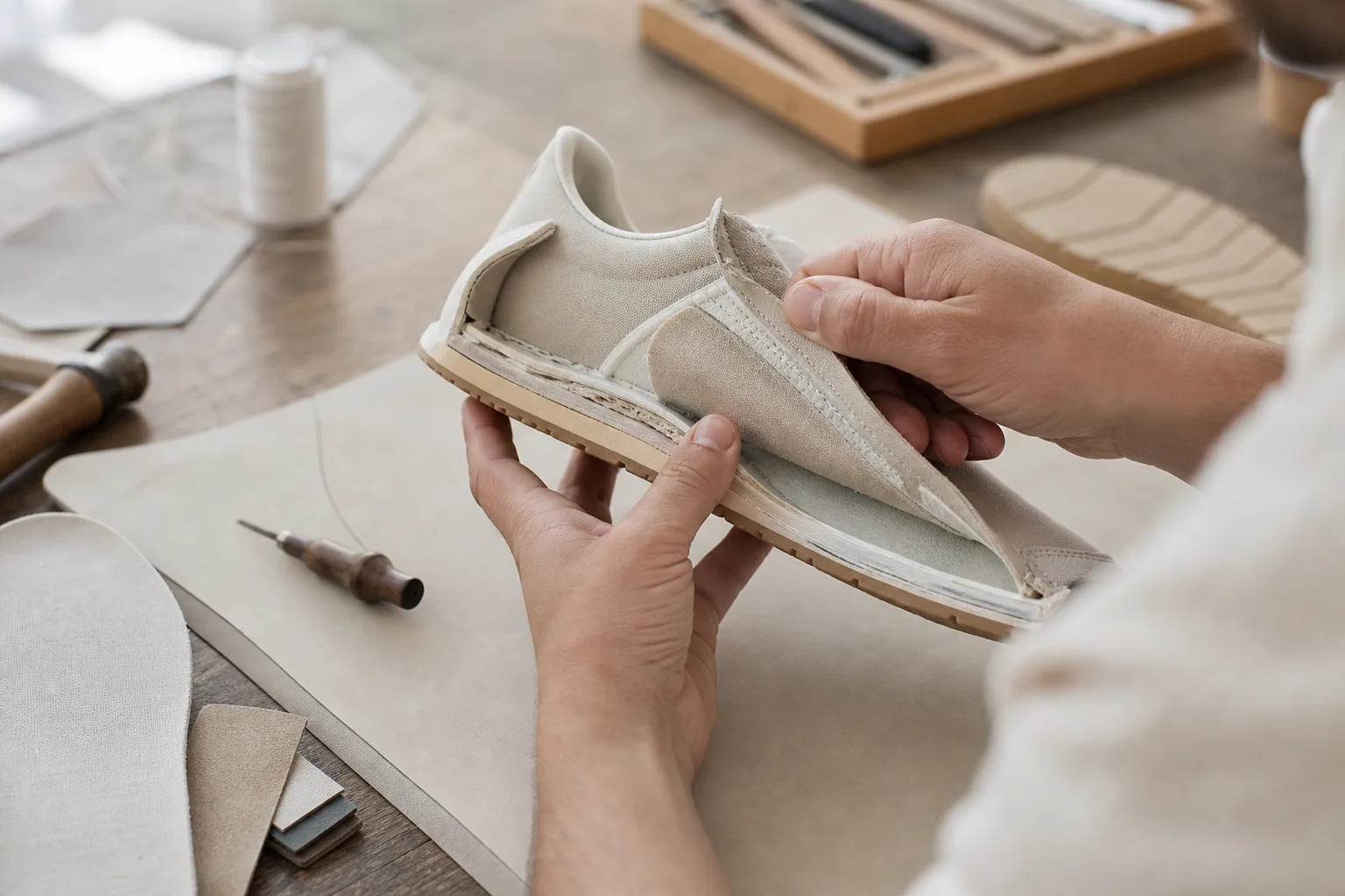 Material, sömmar och sulkonstruktion på en sneaker granskas före köp