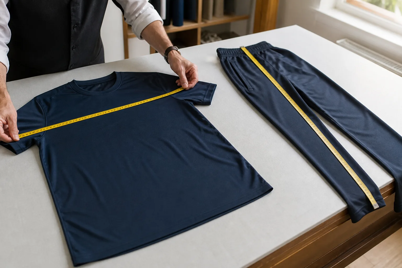 Sporttröja och byxor mäts för jämförelse med adidas storleksguide