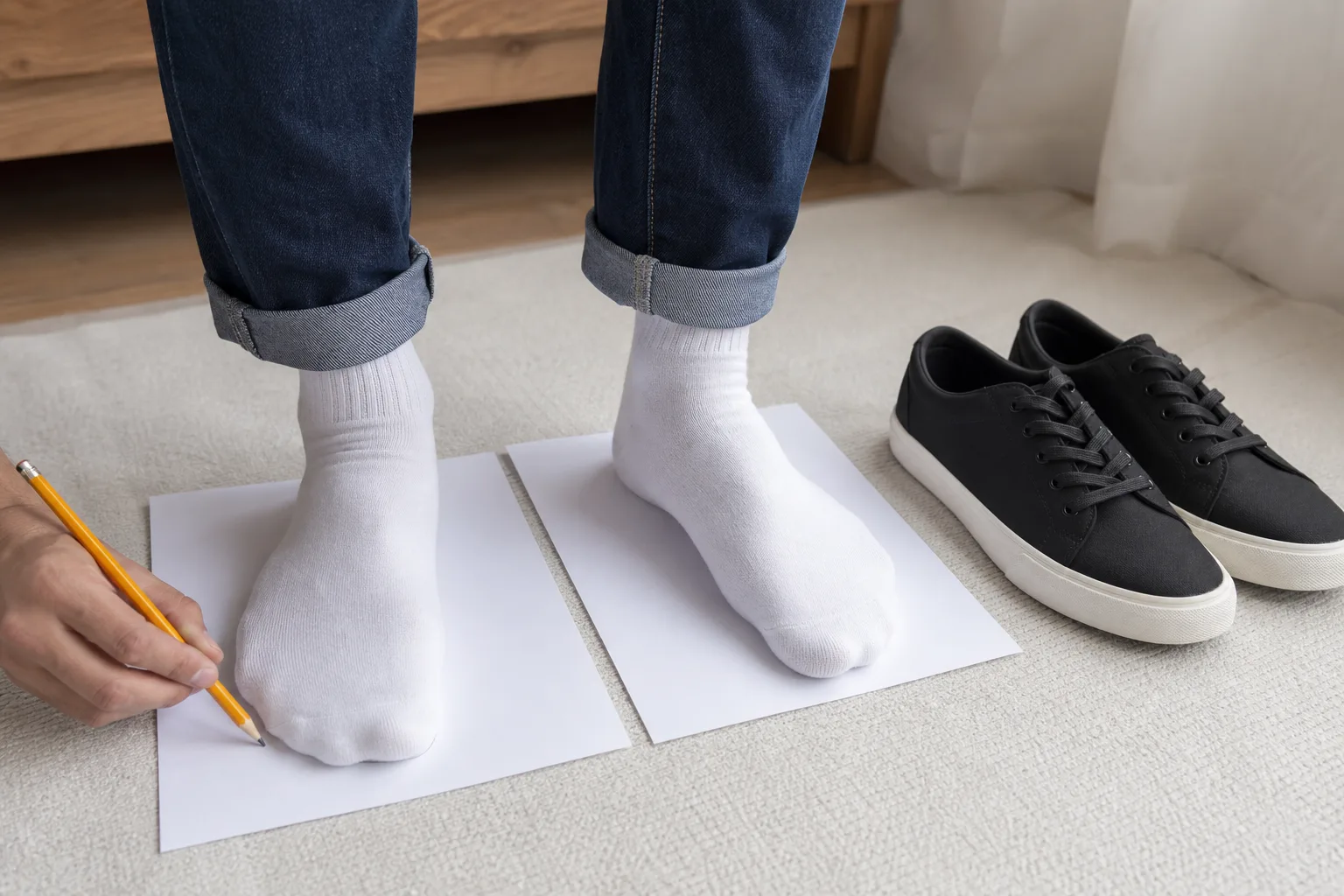 Båda fötterna mäts för att välja rätt PUMA skostorlek