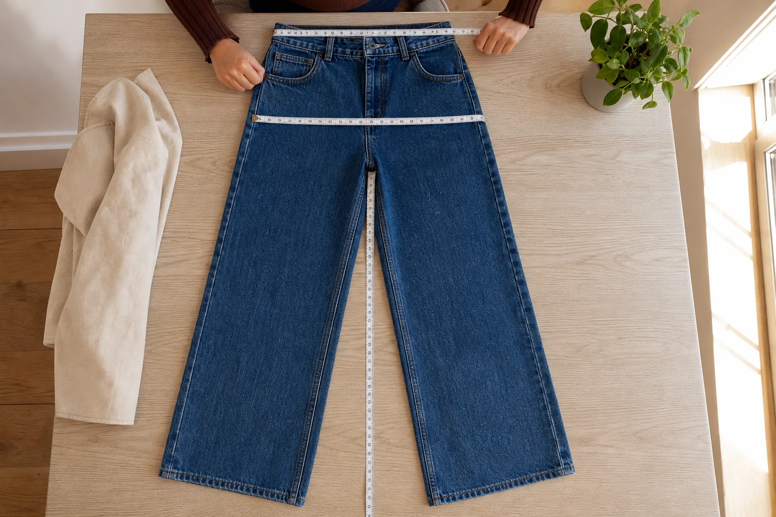 Jeans mäts över midja, höft och innerben inför val av Weekday storlek