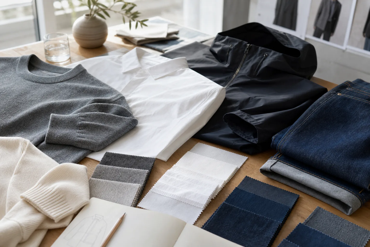 Plagg med olika material, snitt och användningsområden jämförs